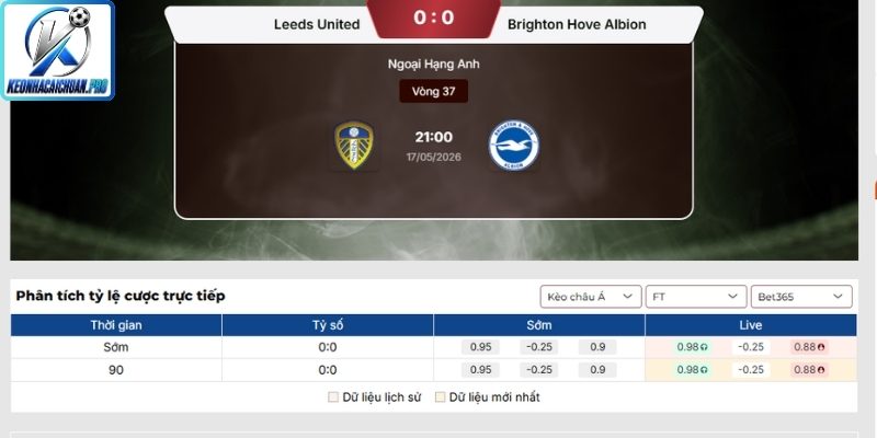 Kèo châu Á trận Leeds vs Brighton (21:00 17/05, Ngoại Hạng Anh) qua phân tích kèo thơm